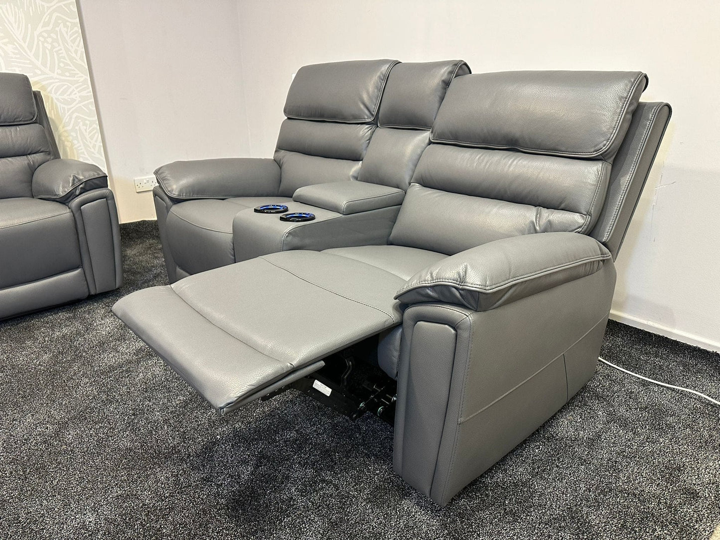 Donald Grey Leather Electric / Power Reclining 3 Seater + 2 Seater Sofa Suite Set With Drinks Coolers USB Charging Ports & Drop Down Tray Table
