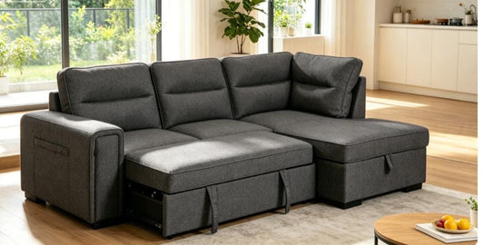 (Back in stock 15th August) 'Musk' Dark Grey Fabric Right Hand Facing Corner Sofa Bed With Storage & Drinks Holder