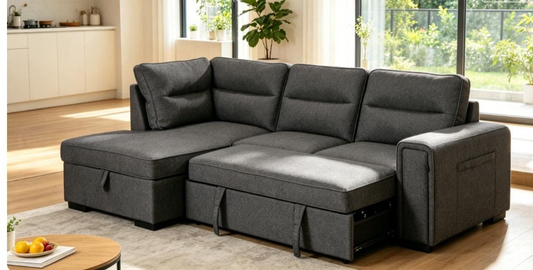 (Back in stock 15th August) 'Musk' Dark Grey Fabric Left Hand Facing Corner Sofa Bed With Storage & Drinks Holder