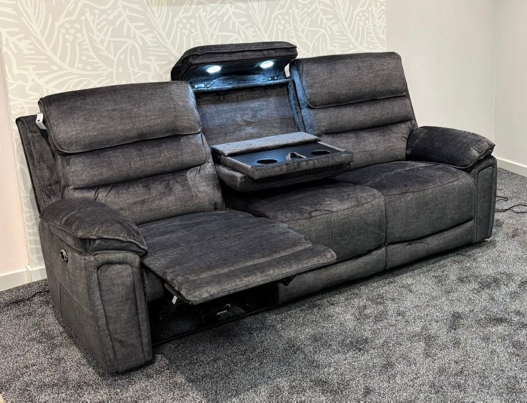 The “ Donald " Electric / Power Reclining Charcoal Grey Fabric Sofa Set - USB Charging & Drinks Tray Table Plus High Seating & Backrest Position | Couch |