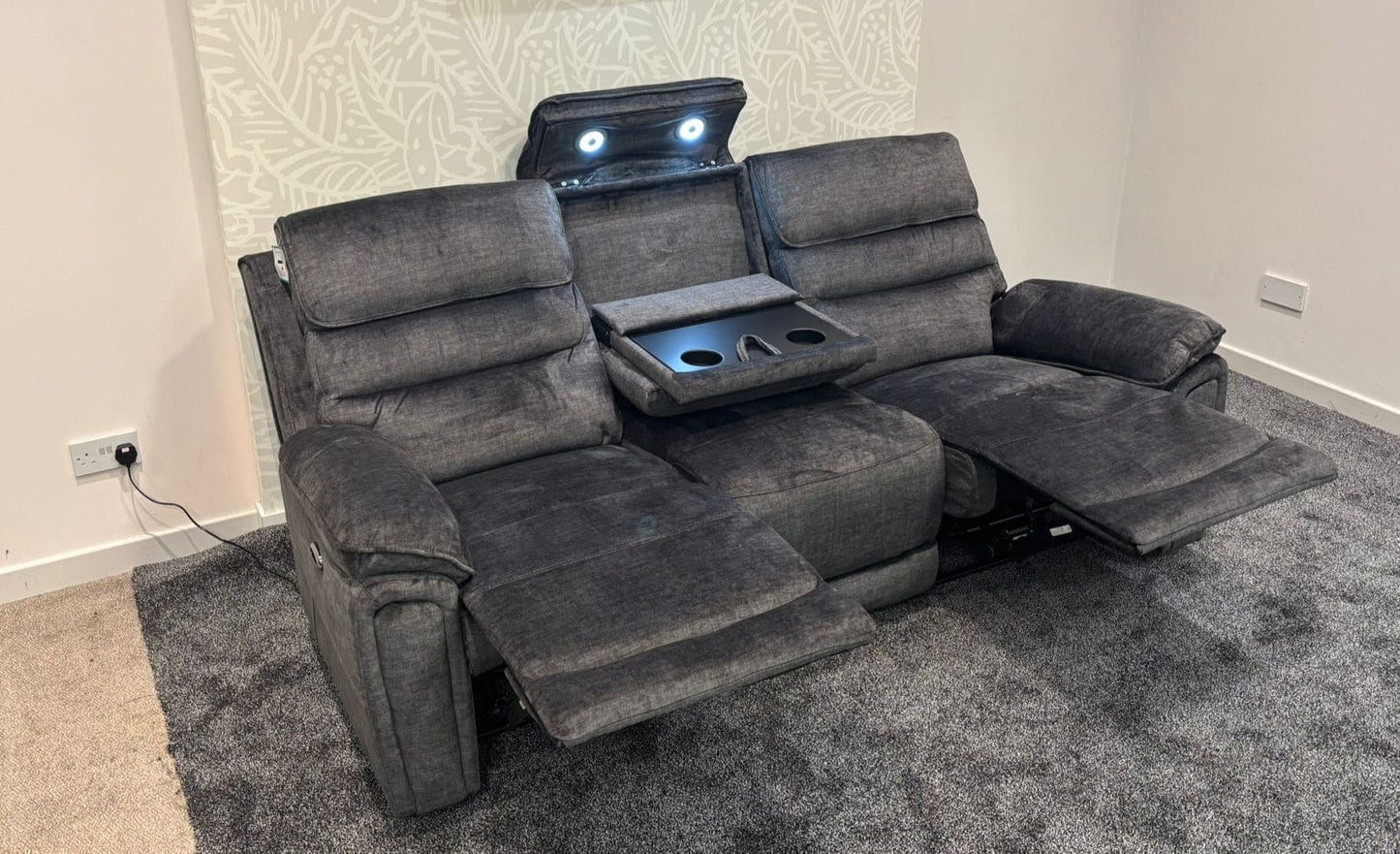 The “ Donald " Electric / Power Reclining Charcoal Grey Fabric Sofa Set - USB Charging & Drinks Tray Table Plus High Seating & Backrest Position | Couch |