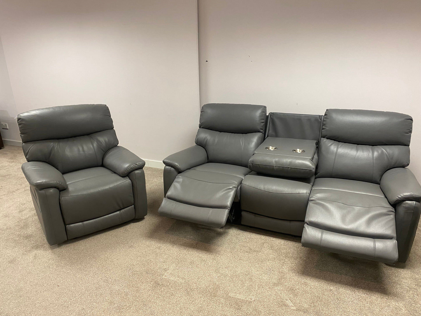 DFS MILANO Grey Leather Electric Reclining 3 + 1 Seater Sofa Suite Set + USB Ports | Couch |