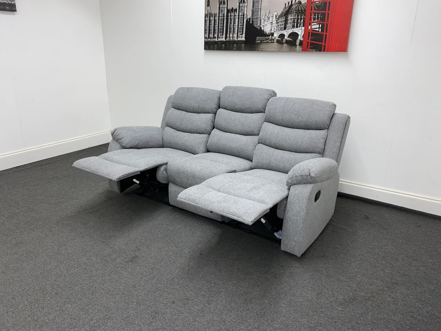‘Lewson’ Grey Fleck Fabric Recliner 3 + 1 + 1 Seater with Drinks Tray Table | Couch |