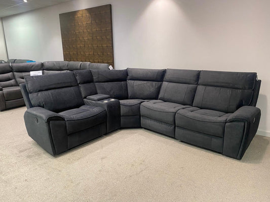 Ronan Velvet 5 seater Modular, Velvet Fabric Power Recliner Corner Sofa + Drinks Console & USB Ports | Reversible