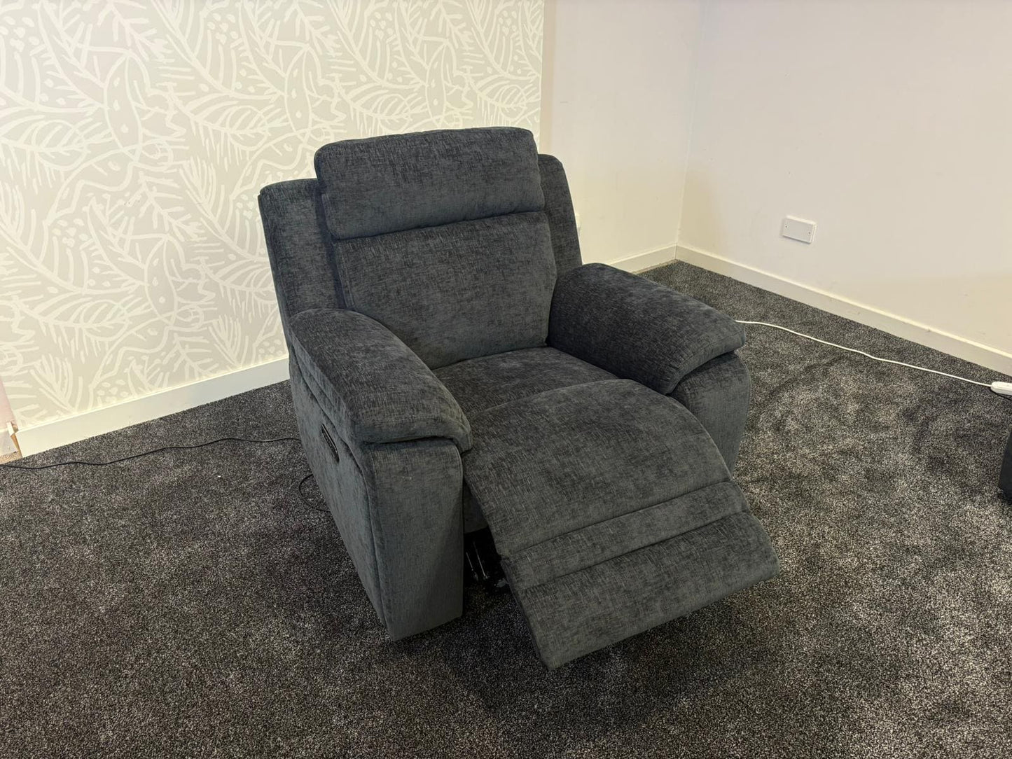 "Barretta" Electric / Power Reclining Grey Fabric Sofa Set - USB Charging & Drinks Tray Table