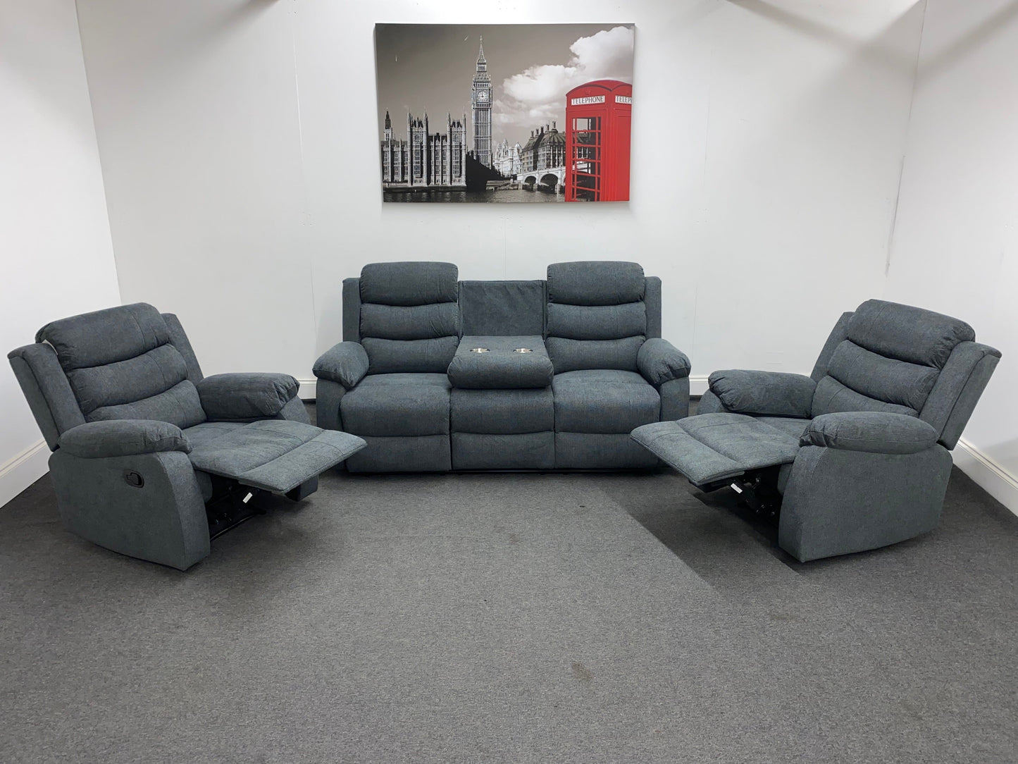 ‘Lewson’ Charcoal Grey Fabric Recliner 3 + 1 + 1 Seater with Drinks Tray Table