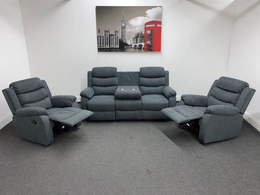 ‘Lewson’ Charcoal Grey Fabric Recliner 3 + 1 + 1 Seater with Drinks Tray Table