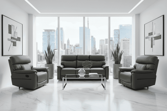 DFS MILANO Grey Leather Electric Reclining 3 + 1 + 1 Seater Sofa Suite Set + USB Ports & Drinks Tray Table | Couch |