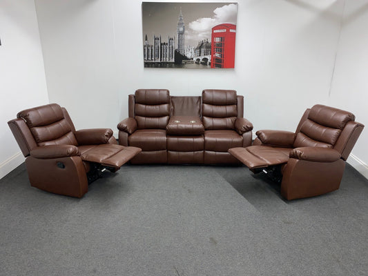 Lando Recliner Brown Leather 3 + 1 + 1 Seater Sofa (Couch) Set With Drop Down Drinks Table & 2 Stage Recliner Motion