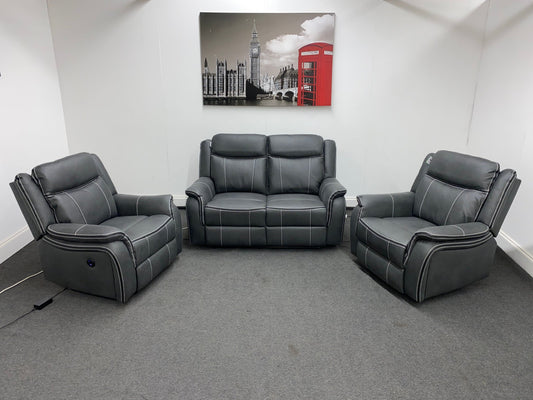 " Mason " Grey Water Resistant Microfibre Fabric 2 + 1 + 1 Seater Electric / Power Recliner Sofa Suite Set Complete With USB Ports | Couch |