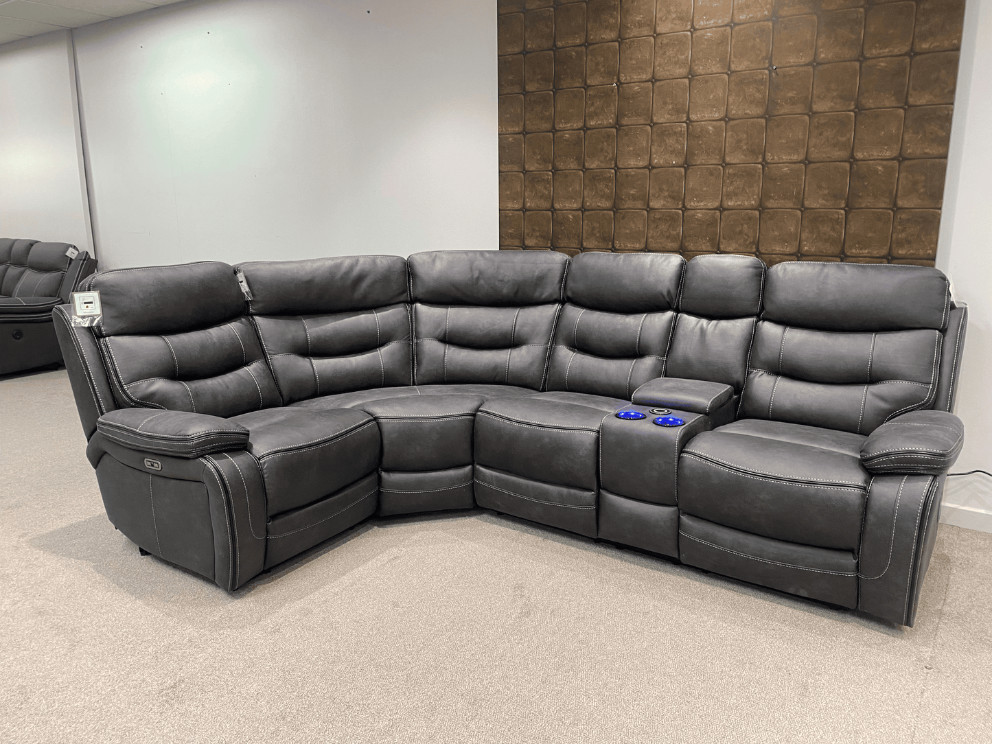 Cinema LHF Corner Sofa | Power Headrests | Drinks Coolers | Wireless Charging | Bluetooth Speakers | Express Smart Tech Grey Fabric Power Recliner Corner Sofa
