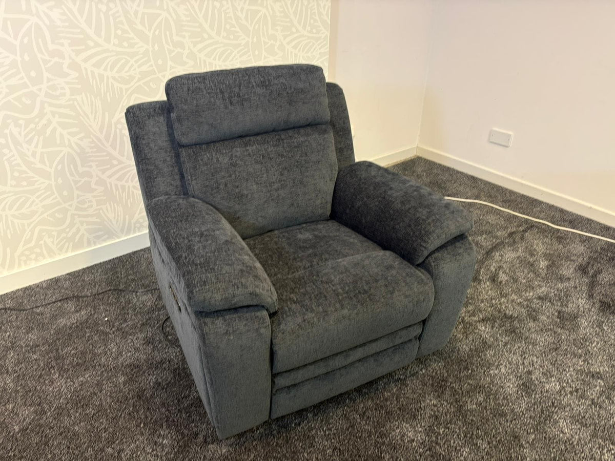 "Barre" Electric / Power Reclining Grey Fabric Armchair / 1 Seater Sofa Set - USB Charging Ports