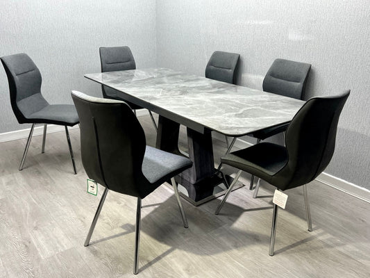 This Whole Dining Set - ZMAT Grey Ceramic Extending Dining Table + 6 Chairs Leather / Fabric Set