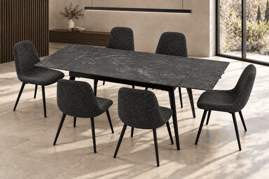 (Pre Order Deal, Arriving December 15th) "Regis" 120cm-180cm Ceramic Extending Dining Table & Grey Leather Yukon Charcoal Grey Fleck Fabric Dining Chairs Set