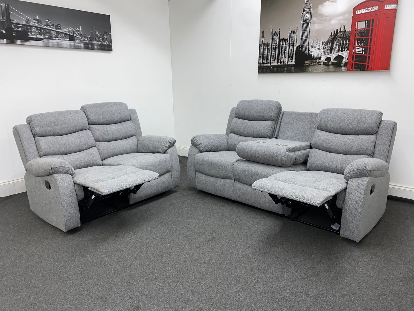 ‘Lewson’ Reclining Grey Fleck Fabric 3 Seater + 2 Seater Sofa Set + Drinks Tray Table | Couch |