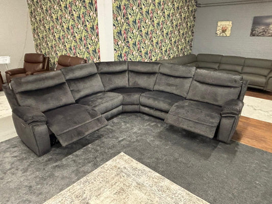 "Xavier" 2c2 Grey Plush Fabric Power Recliner Corner Sofa With USB Charging Ports, Hidden Storage + Many More Modern Features