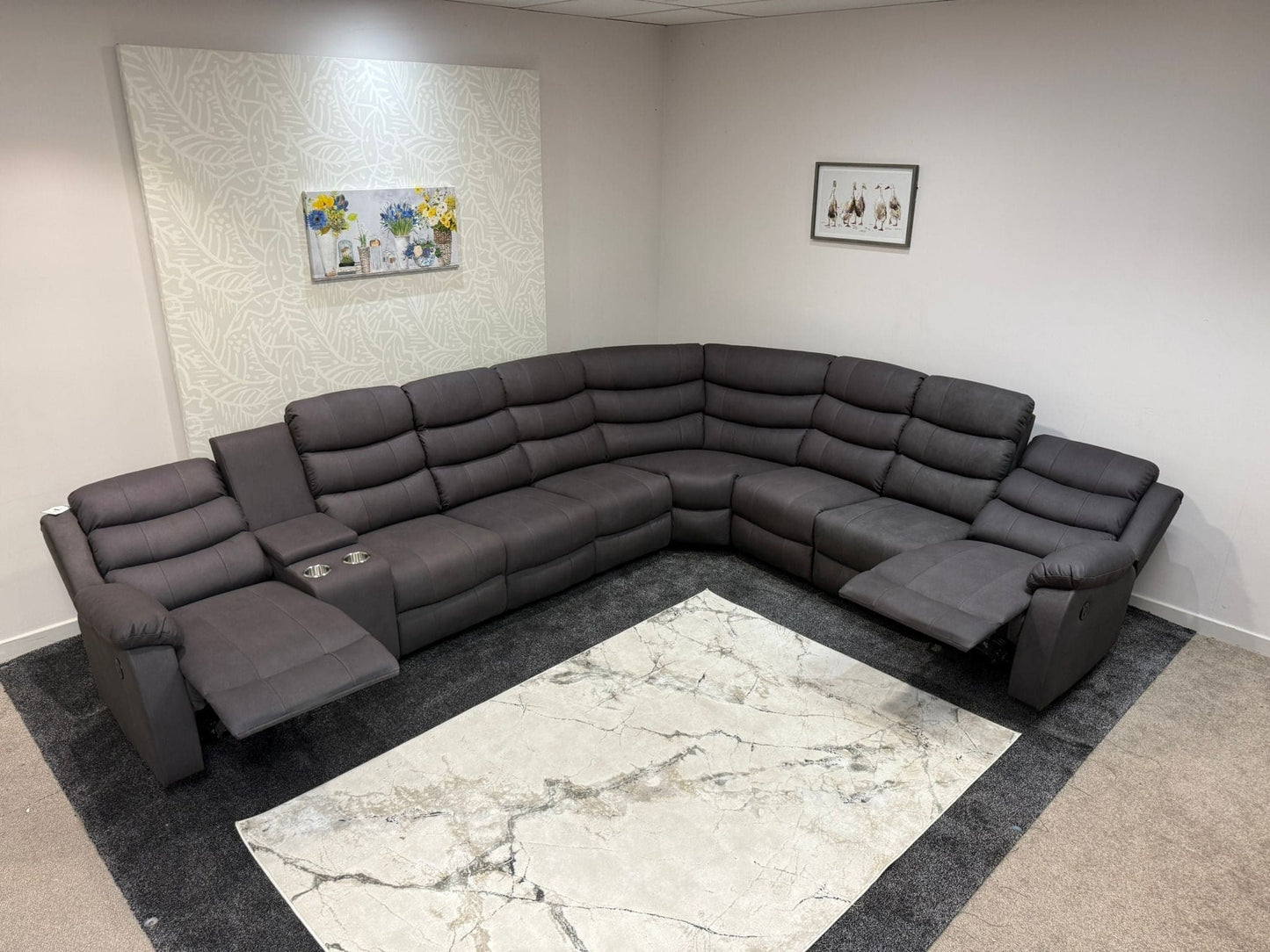 "Willow" Dark Grey Fabric 4C3C Recliner Corner Sofa | Drinks Tray Table | Easy Clean Fabric | Modular