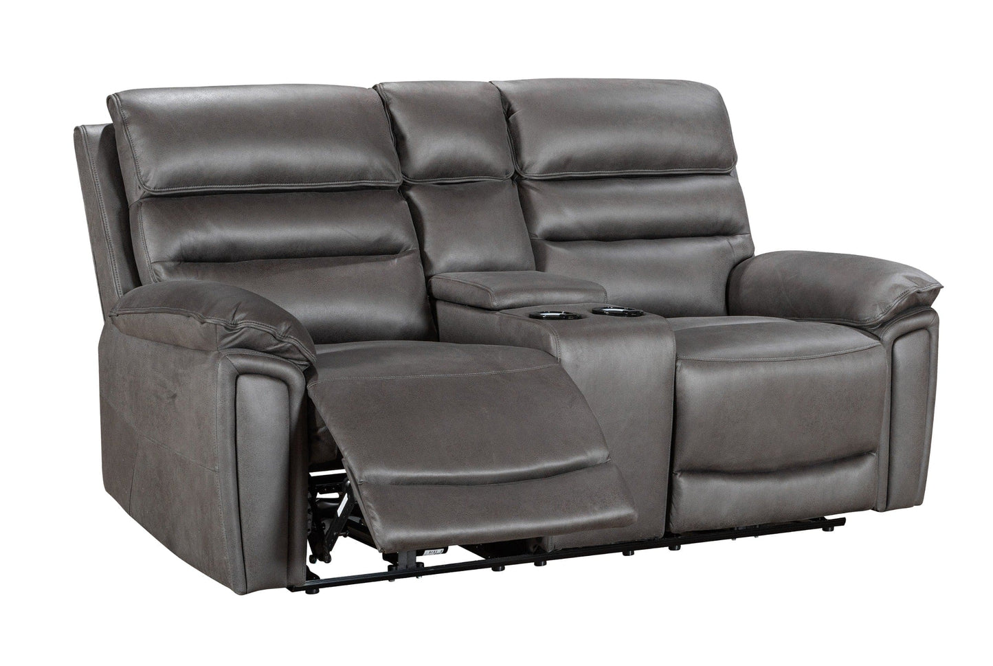 Donald Grey Suede Fabric Electric / Power Reclining 2 Seater With Drinks Console Sofa With USB Charging Ports & Drinks Coolers