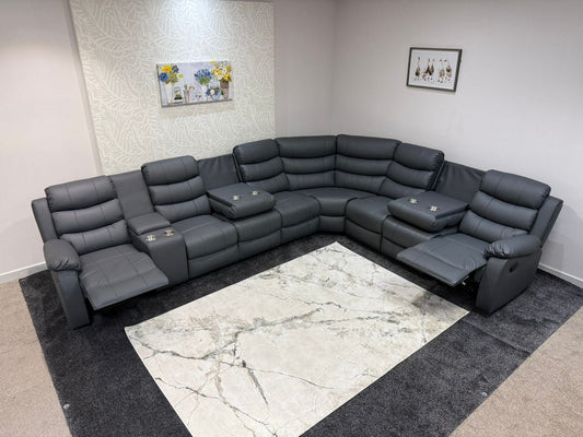 "Lando" Grey Leather 4C3C Recliner Corner Sofa Reversible | 2 x Drinks Tray Table | Modular