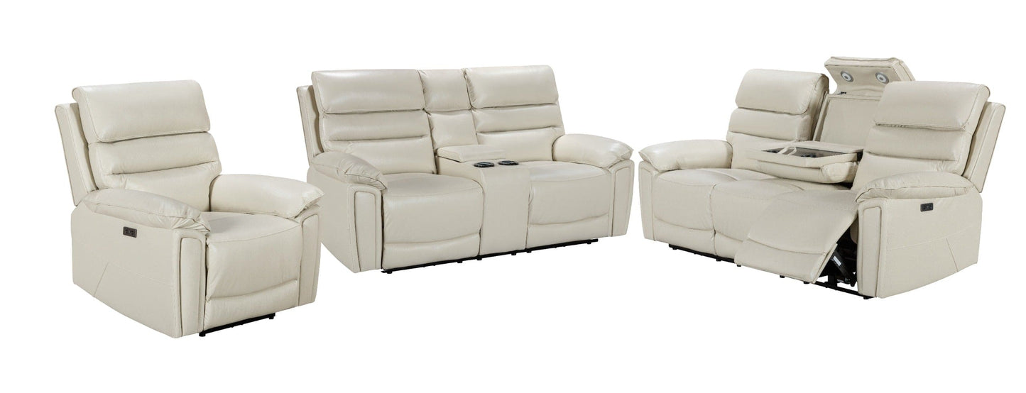Donald Ivory Cream Leather Electric / Power Reclining Sofa Range Suite Set With USB Charging Ports & Drop Down Tray Table