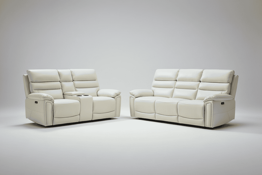 Donald Ivory Cream Leather Electric Reclining Sofa Range Suite Set With USB Charging Ports & Drop Down Tray Table