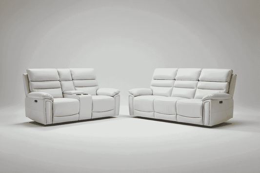 Donald Ivory Cream Leather Electric / Power Reclining 3 Seater + 2 Seater With Drinks Cooling Cupholders Sofa Set With USB Charging Ports & Drop Down Tray Table