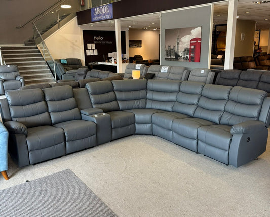 "Lando" Grey Leather 3C3C Recliner Corner Sofa Reversible | Drinks Tray Table | Modular