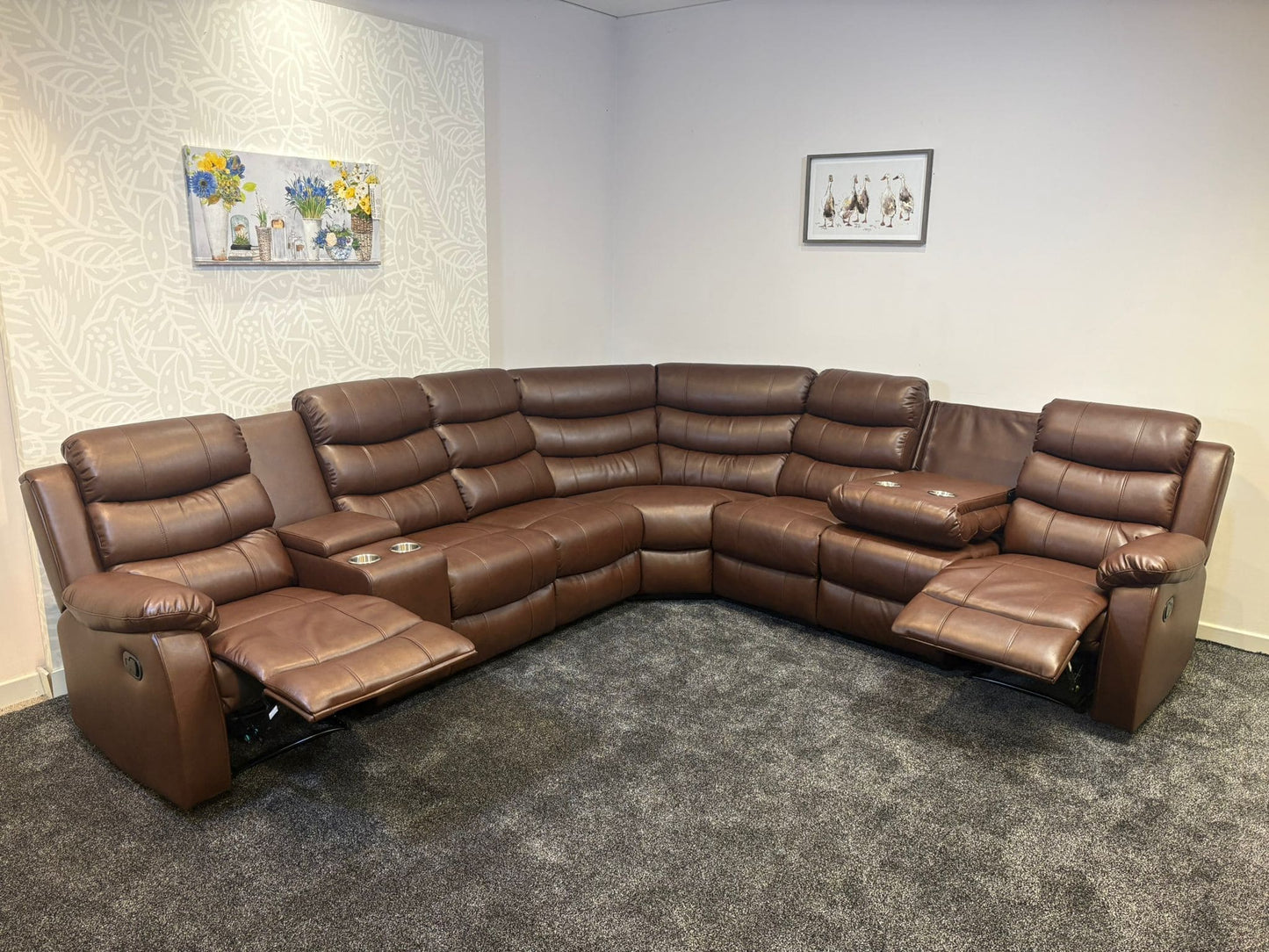 "Lando" Brown Leather 3C3C Recliner Corner Sofa Reversible | Drinks Tray Table | Modular
