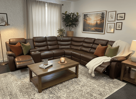 "Lando" Brown Leather 3C3C Recliner Corner Sofa Reversible | Drinks Tray Table | Modular