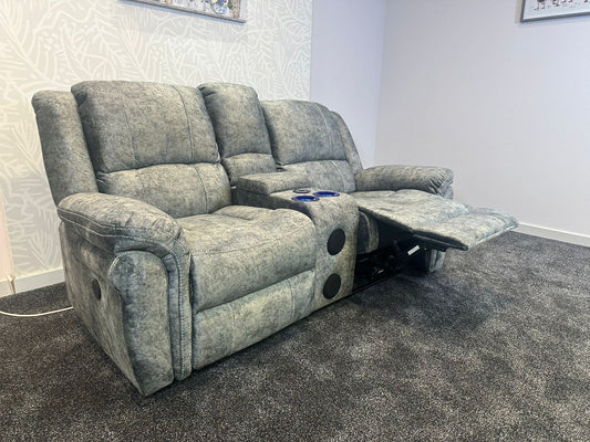 GALAXY Grey Plush Velvet ELECTRIC RECLINING 2 Seater Sofa With Drinks Cooling Cupholders Console. With USB Charging Ports & 2 Stage Reclining Feature