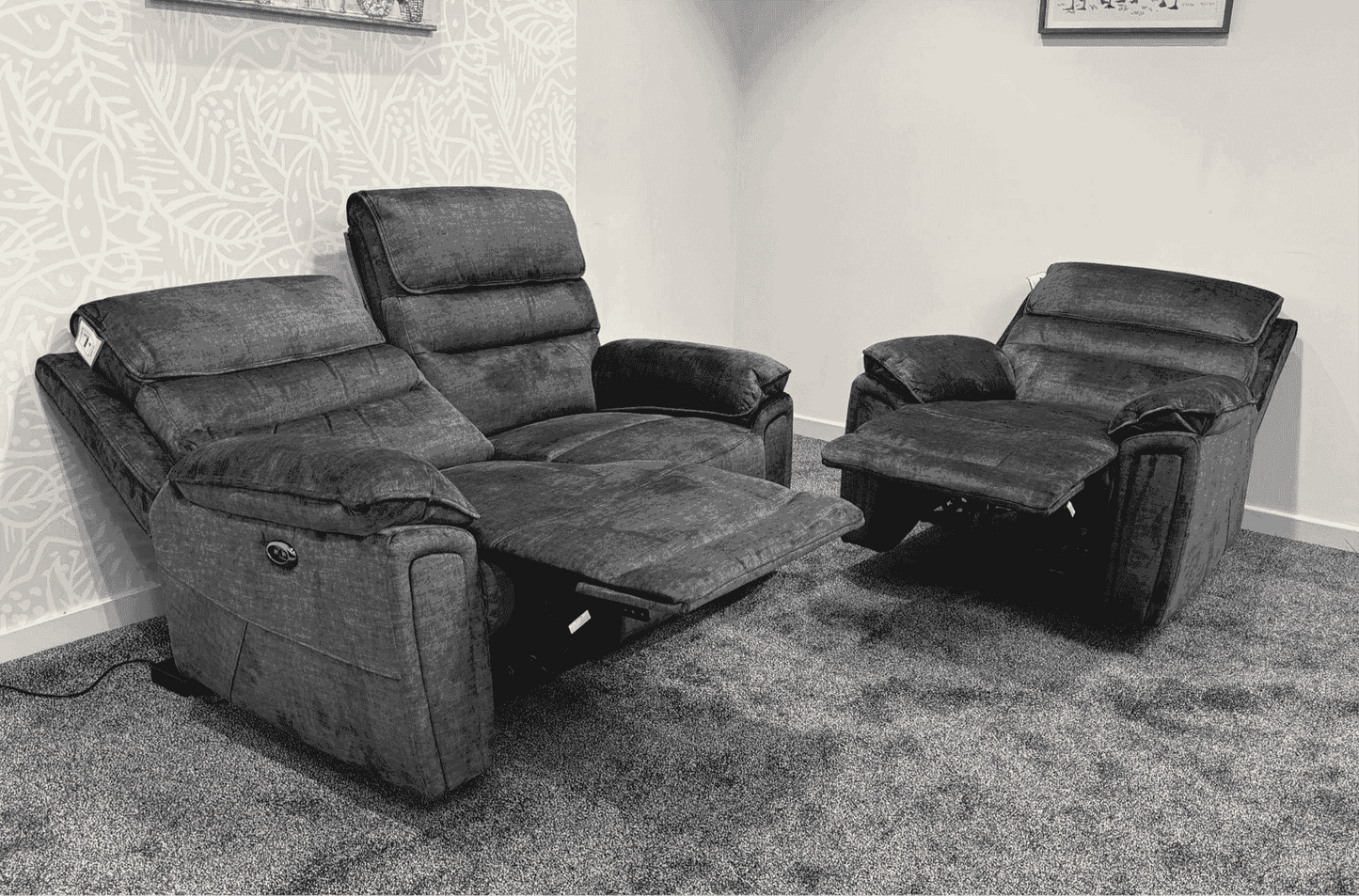 The “ Donald " Electric / Power Reclining Charcoal Grey Fabric Sofa Set - USB Charging & Drinks Tray Table Plus High Seating & Backrest Position | Couch |