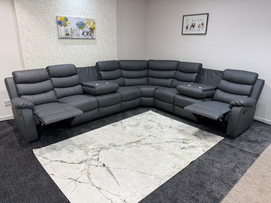 "Lando" Grey Leather 4C3 Recliner Corner Sofa Reversible | 2 x Drinks Tray Tables | Modular