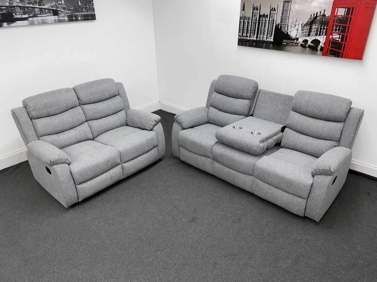 ‘Lewson’ Reclining Grey Fleck Fabric 3 Seater + 2 Seater Sofa Set + Drinks Tray Table | Couch |