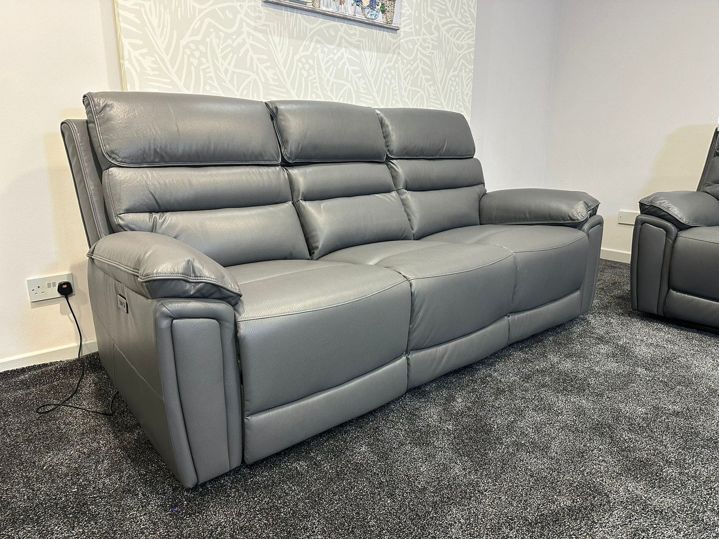 Donald Grey Leather Electric / Power Reclining 3 Seater + 2 Seater Sofa Suite Set With Drinks Coolers USB Charging Ports & Drop Down Tray Table