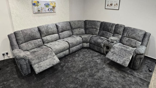 GALAXY Grey Plush Velvet Fabric Electric Reclining 3C2C Corner Sofa, Drinks Coolers & USB Ports