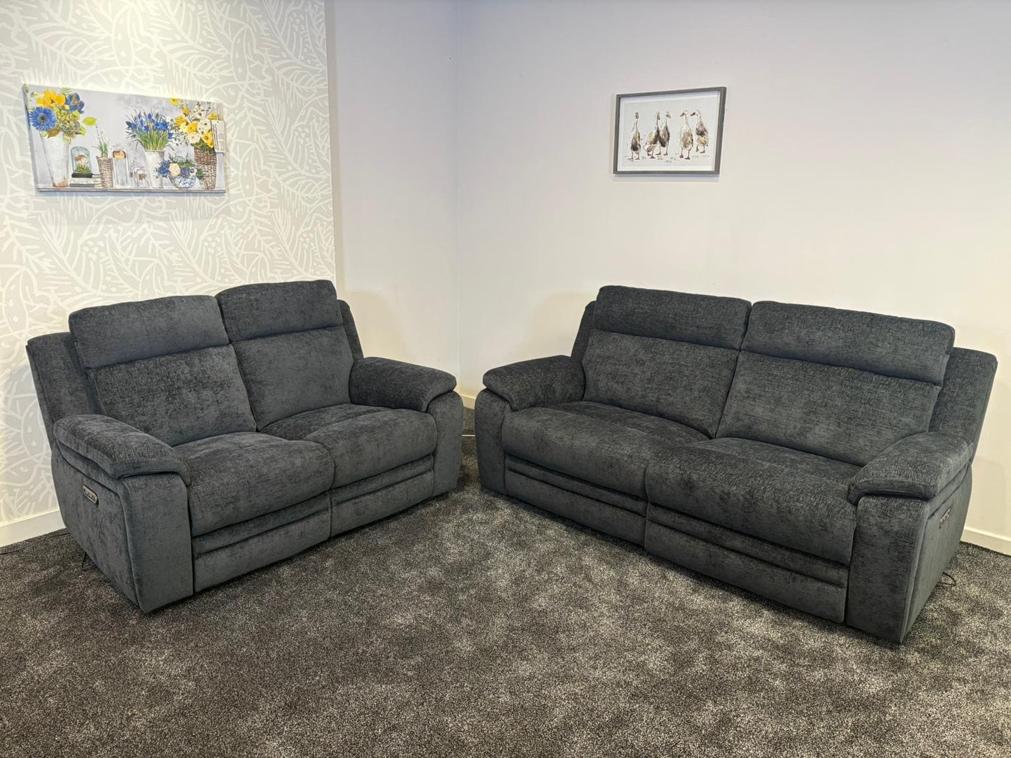 "Barretta" Electric / Power Reclining Grey Fabric Sofa Set - USB Charging & Drinks Tray Table