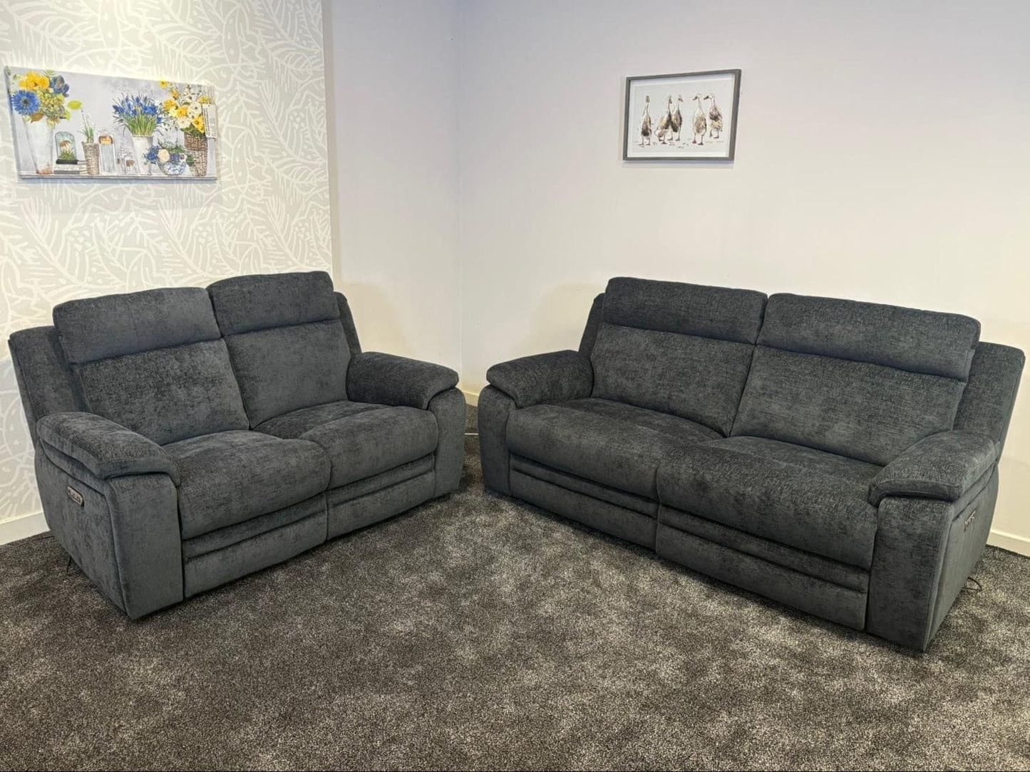 "Barretta" Electric / Power Reclining Grey Fabric Sofa Set - USB Charging Ports