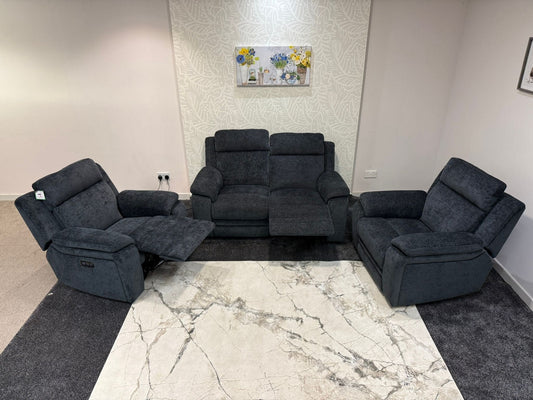 "Barre" Electric / Power Reclining Grey Fabric 2 Seater Sofa + 2 Armchairs Sofa Set - USB Charging Ports