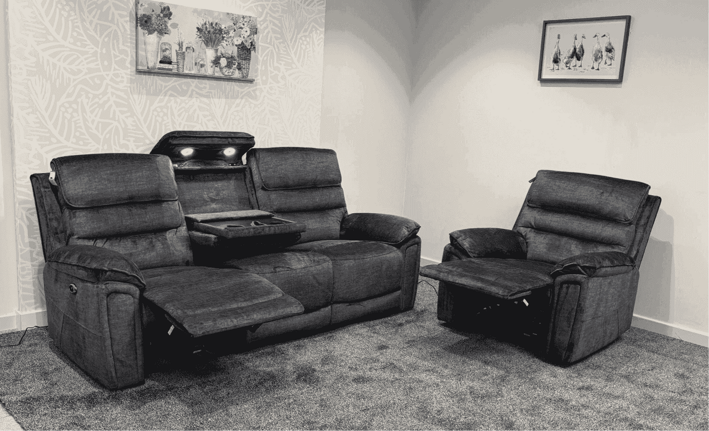 The “ Donald " Electric / Power Reclining Charcoal Grey Fabric Sofa Set - USB Charging & Drinks Tray Table Plus High Seating & Backrest Position | Couch |