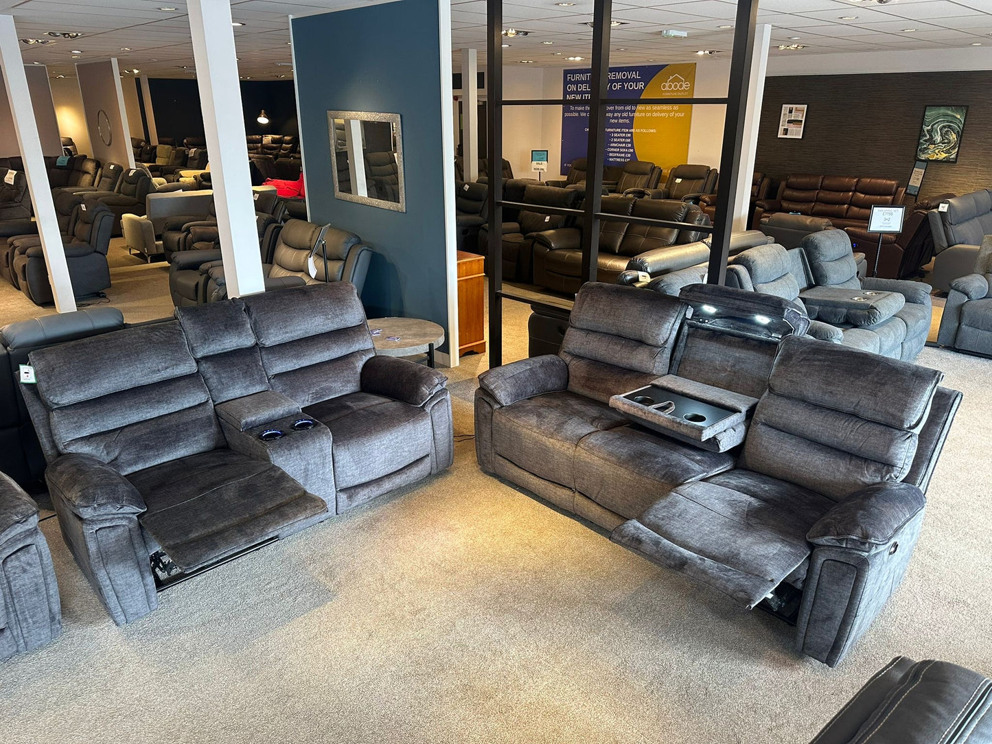 “Donald" Electric Reclining Charcoal Grey Fabric 3 Seater + 2 Seater Sofa Set - Drinks Coolers - USB Charging & Drinks Tray Table + High Seating & Backrest Position | Couch |