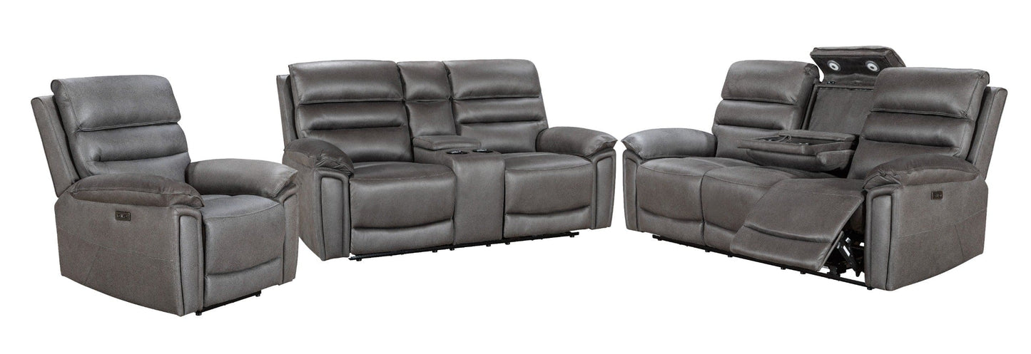 Donald Grey Suede Fabric Electric / Power Reclining Sofa Range Suite Set With USB Charging Ports & Drop Down Tray Table