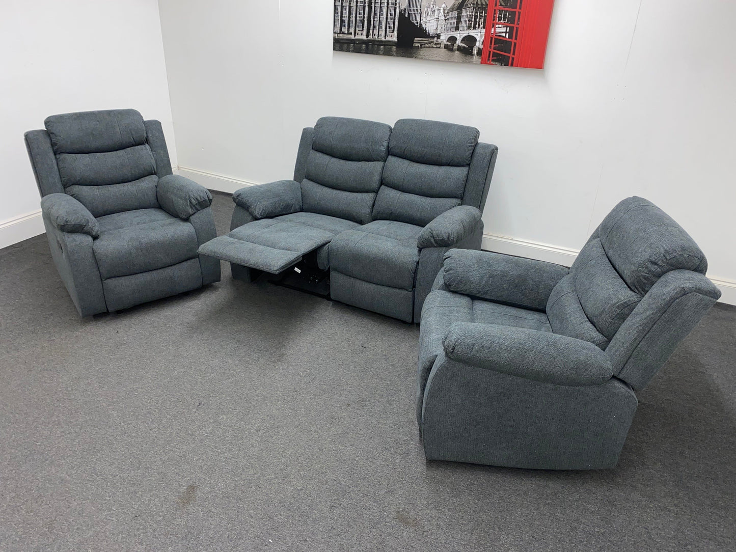‘Lewson’ Charcoal Grey Fabric Recliner 2 + 1 + 1 Seater Sofa + Armchair Sofa Suite Set | Couch |
