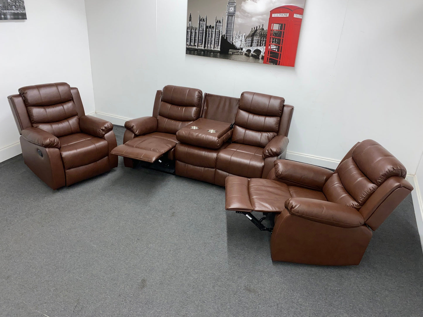 Lando Recliner Brown Leather 3 + 1 + 1 Seater Sofa (Couch) Set With Drop Down Drinks Table & 2 Stage Recliner Motion