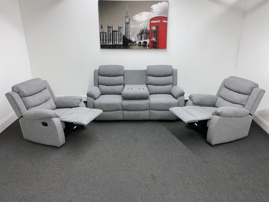 ‘Lewson’ Grey Fleck Fabric Recliner 3 + 1 + 1 Seater with Drinks Tray Table | Couch |