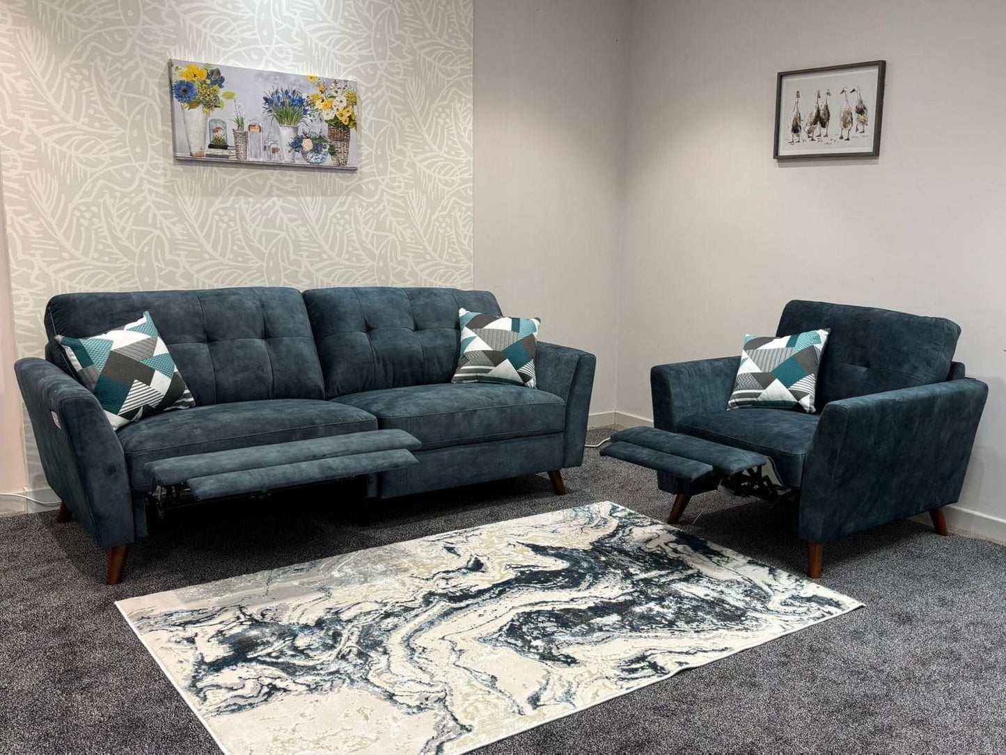 DFS Electric Recliner Ocean / Blue Plush Velvet Fabric 3 Seater Sofa + Armchair