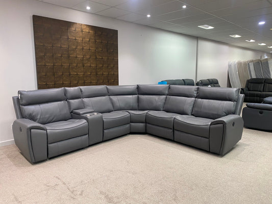 " Ronan " Milano Leather Sectional 6 Unit Power Recliner Corner Sofa With USB Charing Ports + Drinks Console | Couch |