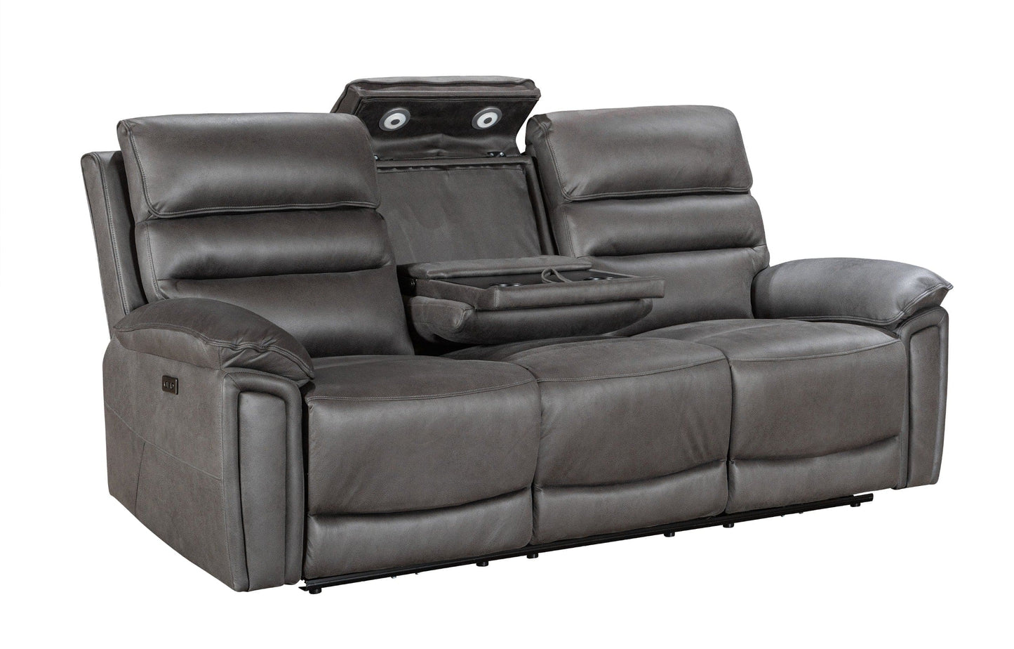 Donald Grey Suede Fabric Electric / Power Reclining Sofa Range Suite Set With USB Charging Ports & Drop Down Tray Table