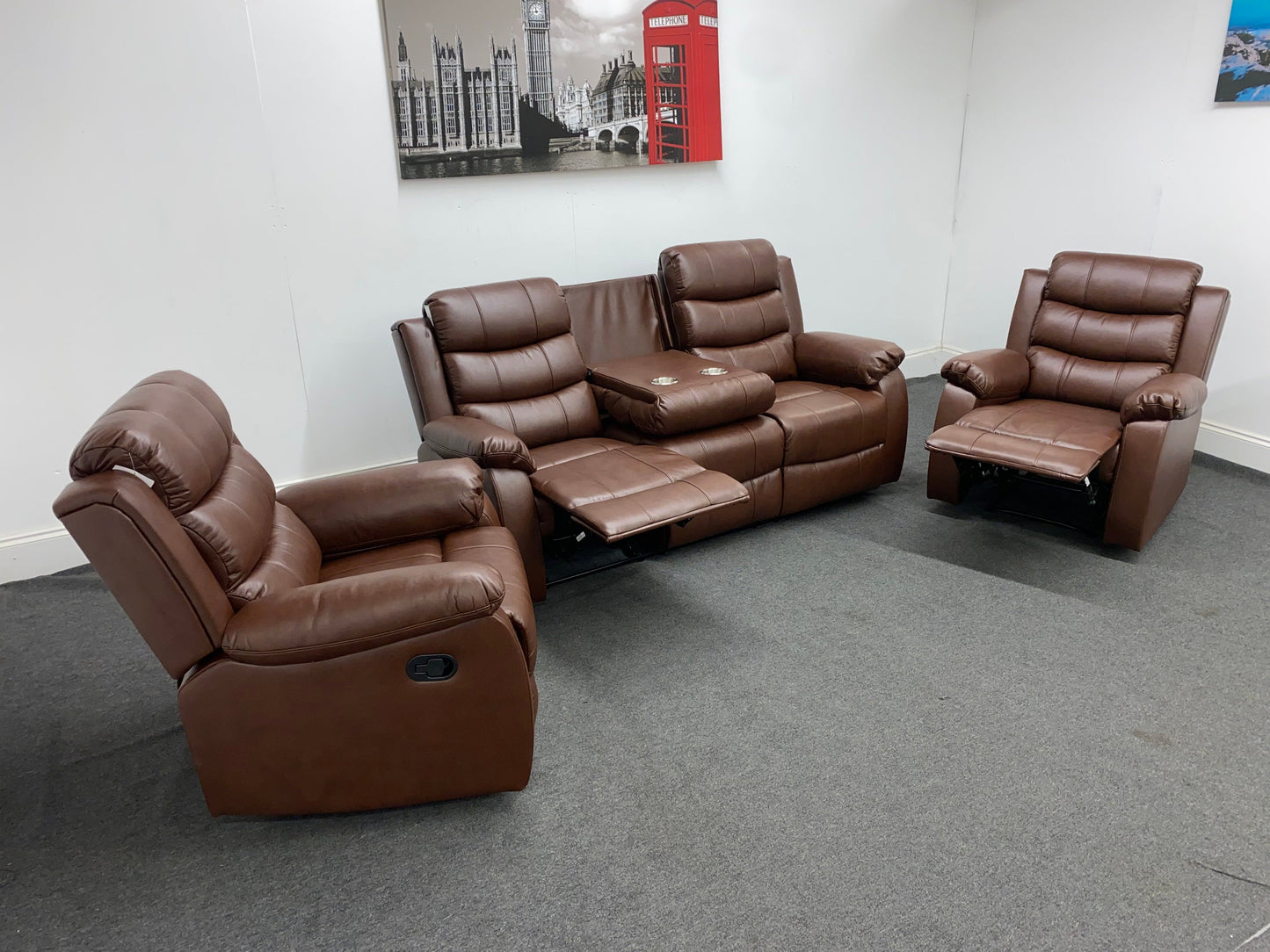 Lando Recliner Brown Leather 3 + 1 + 1 Seater Sofa (Couch) Set With Drop Down Drinks Table & 2 Stage Recliner Motion