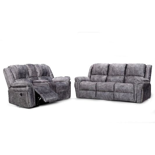 GALAXY Grey ELECTRIC Plush Velour Velvet 3 + 2 Seater With Drinks Console Reclining Sofa Set Plus USB Charging Ports