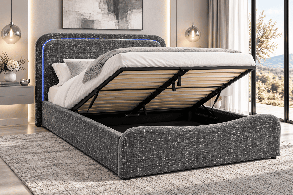(Pre Order Deal, Back In Stock December 15th) "Harriet" Grey Ottoman Storage Bed - Frame Only - 2 Sizes Available